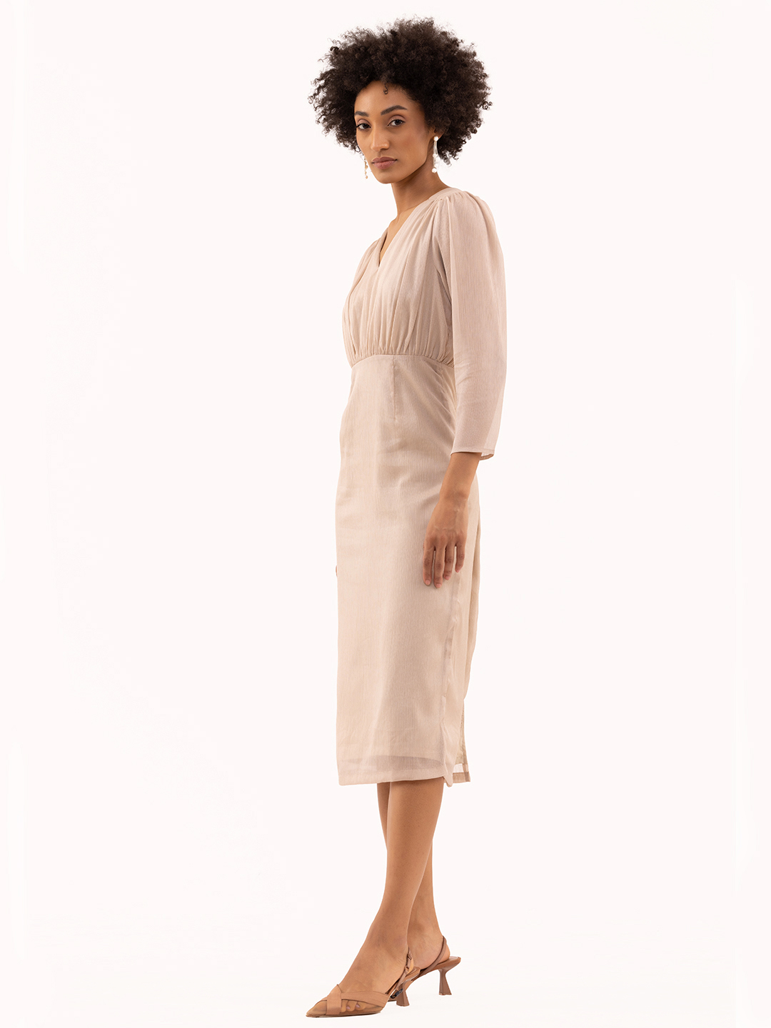 Gathered Fitted Calf Length Dress Beige -3