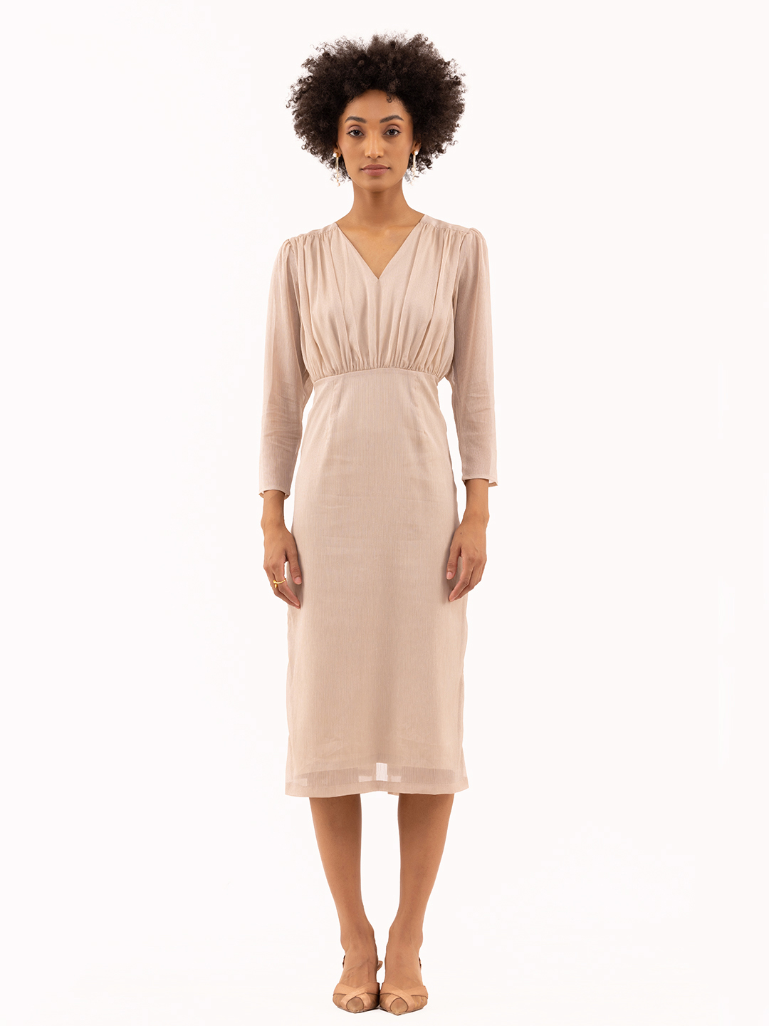 Gathered Fitted Calf Length Dress Beige -1