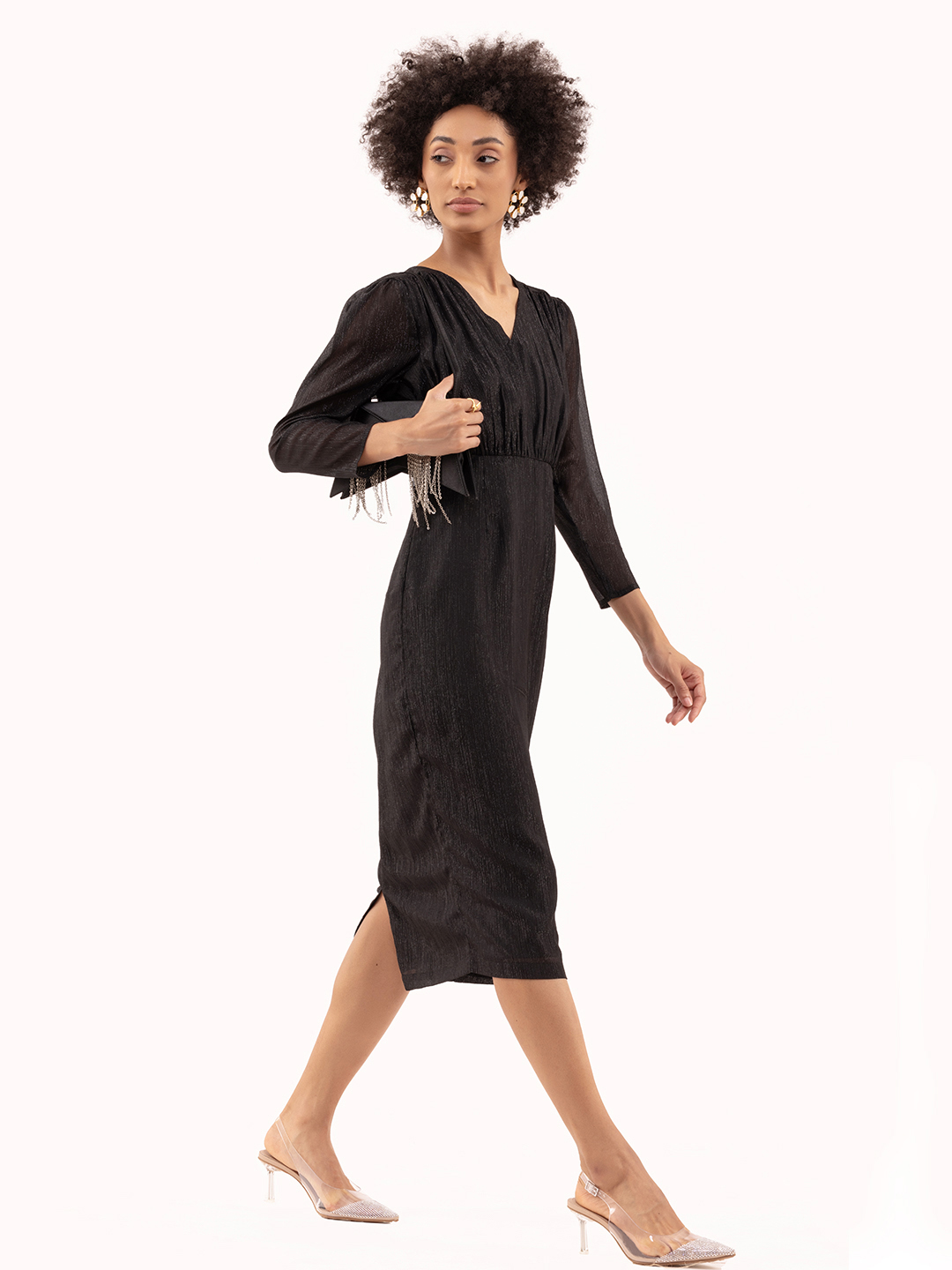 Gathered Fitted Calf Length Dress Black -4