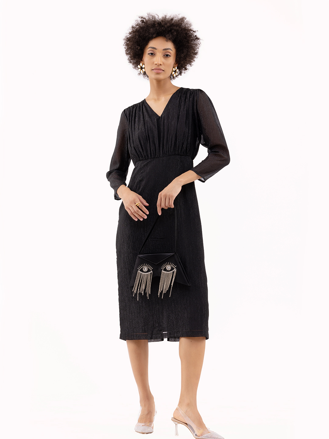 Gathered Fitted Calf Length Dress Black -0