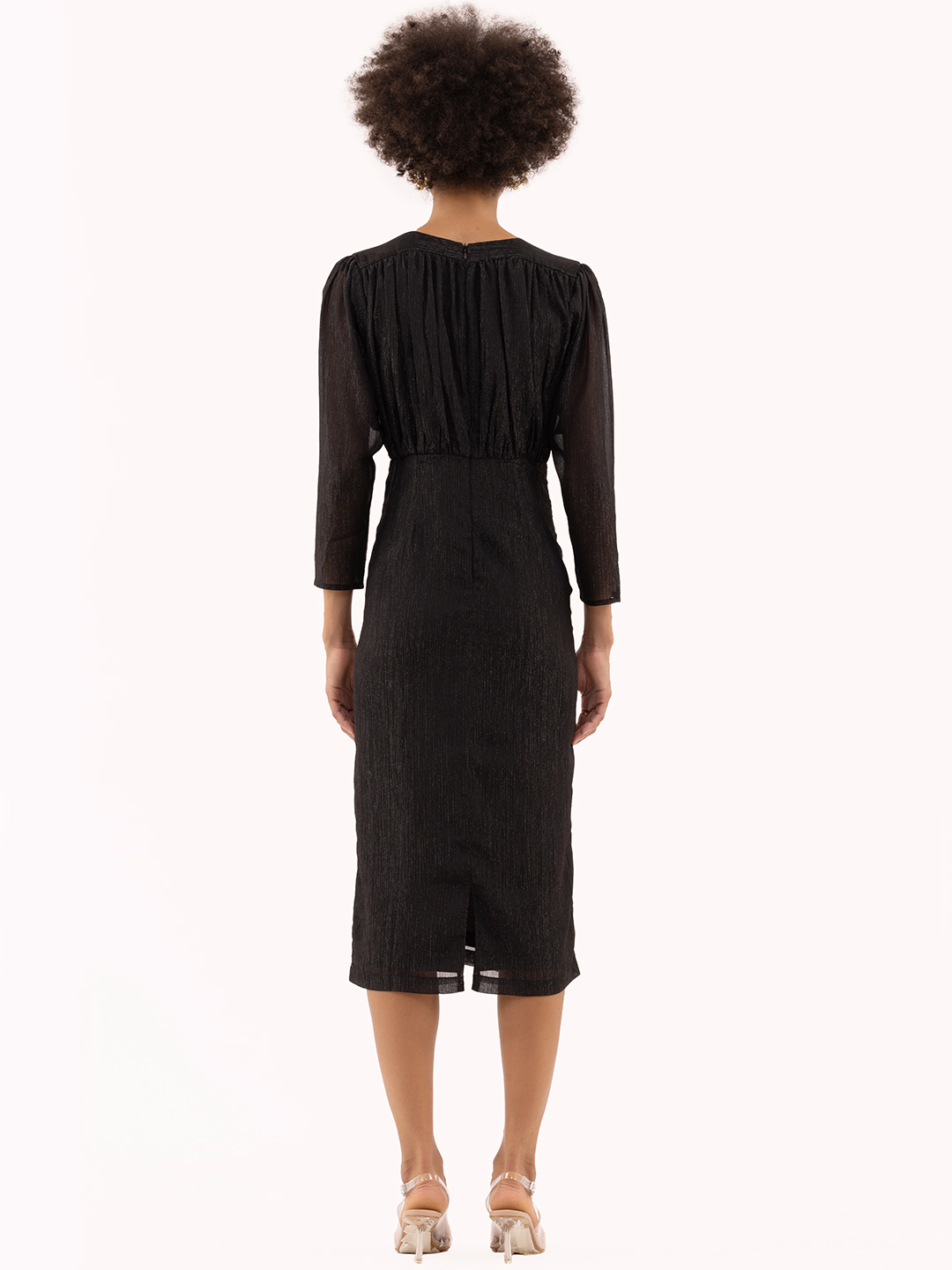 Gathered Fitted Calf Length Dress Black - Back