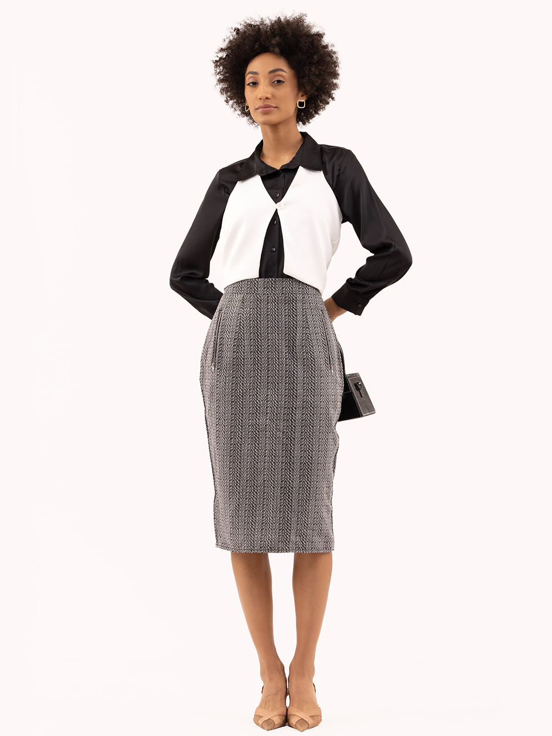 Perfect Business Grey Textured Midi Skirt -1