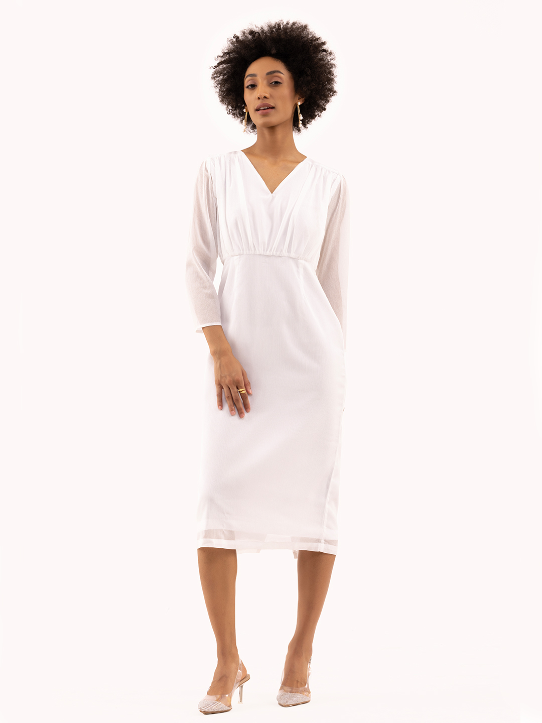 Gathered Fitted Calf Length Dress White -2