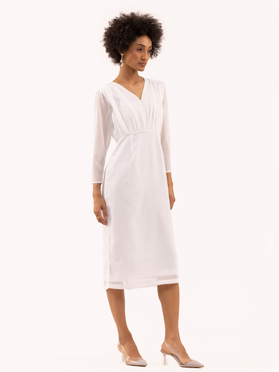 Gathered Fitted Calf Length Dress White -4