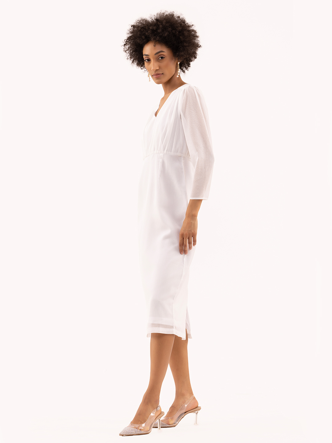 Gathered Fitted Calf Length Dress White -3