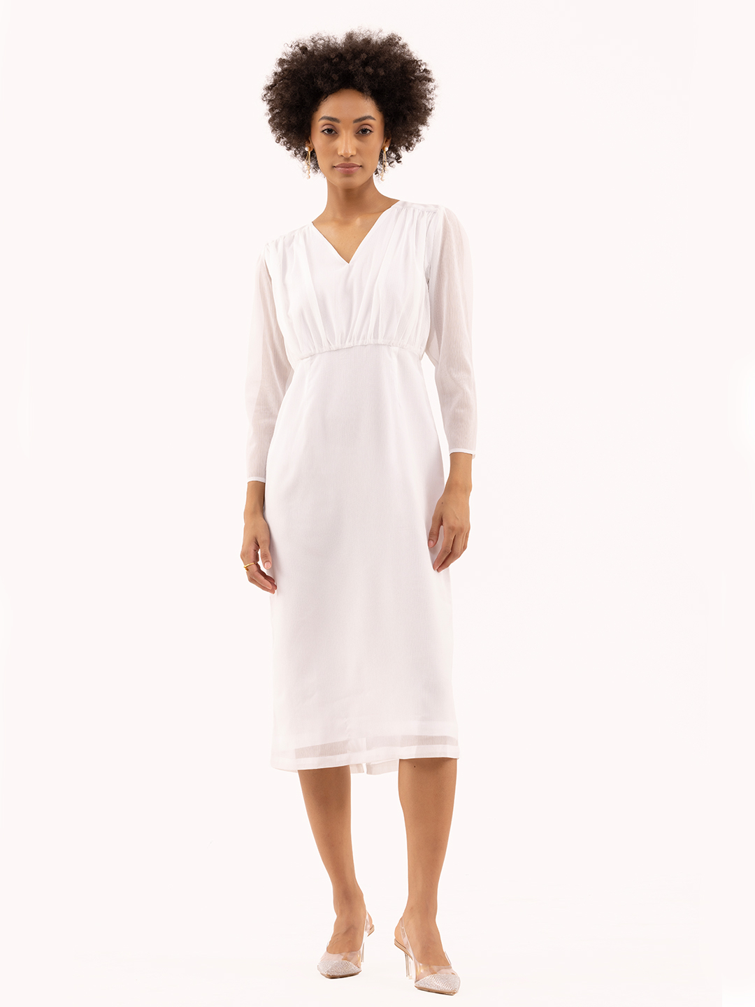 Gathered Fitted Calf Length Dress White -1