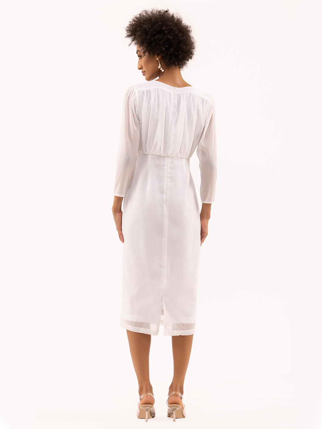 Gathered Fitted Calf Length Dress White - Back