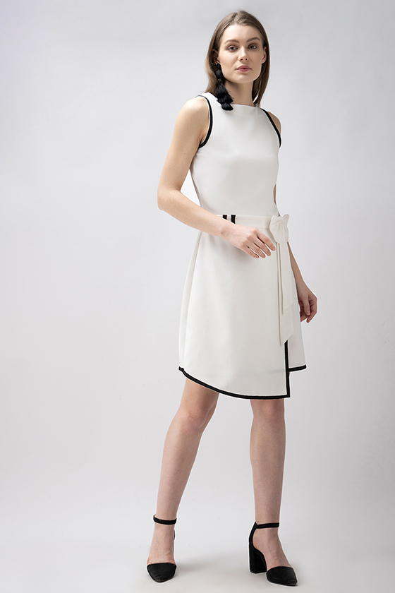 White A-symmetrical Bow Dress - Front