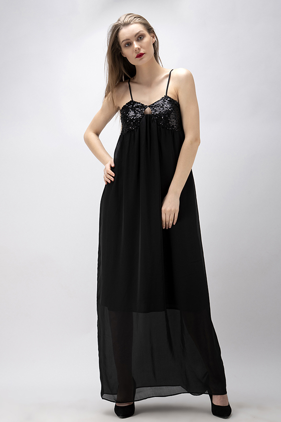 Black Sequined Maxi Dress - Front