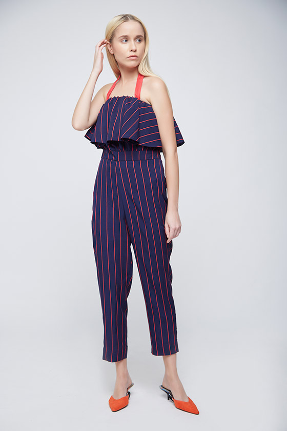 Red Blue Striped Jumpsuit - Front
