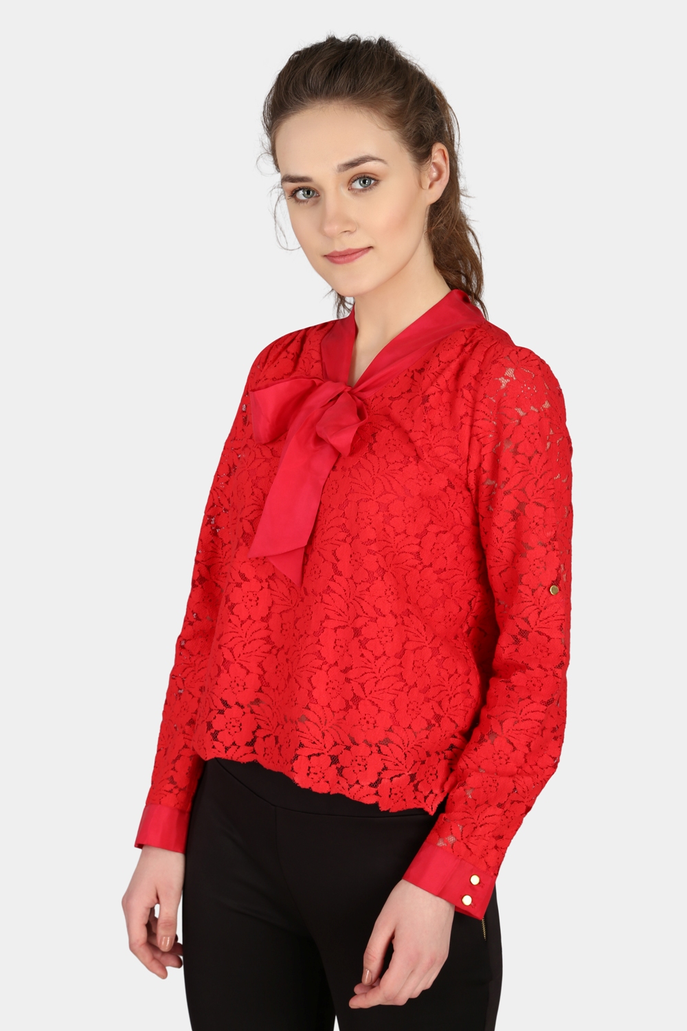 Red Silk Bow Lace Top - Front