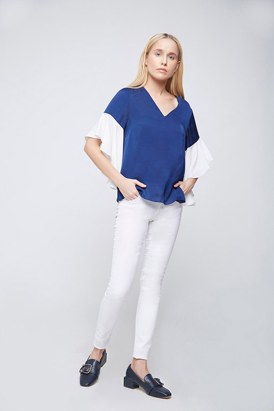 Blue Asymmetric Ruffle Sleeves Top - Front