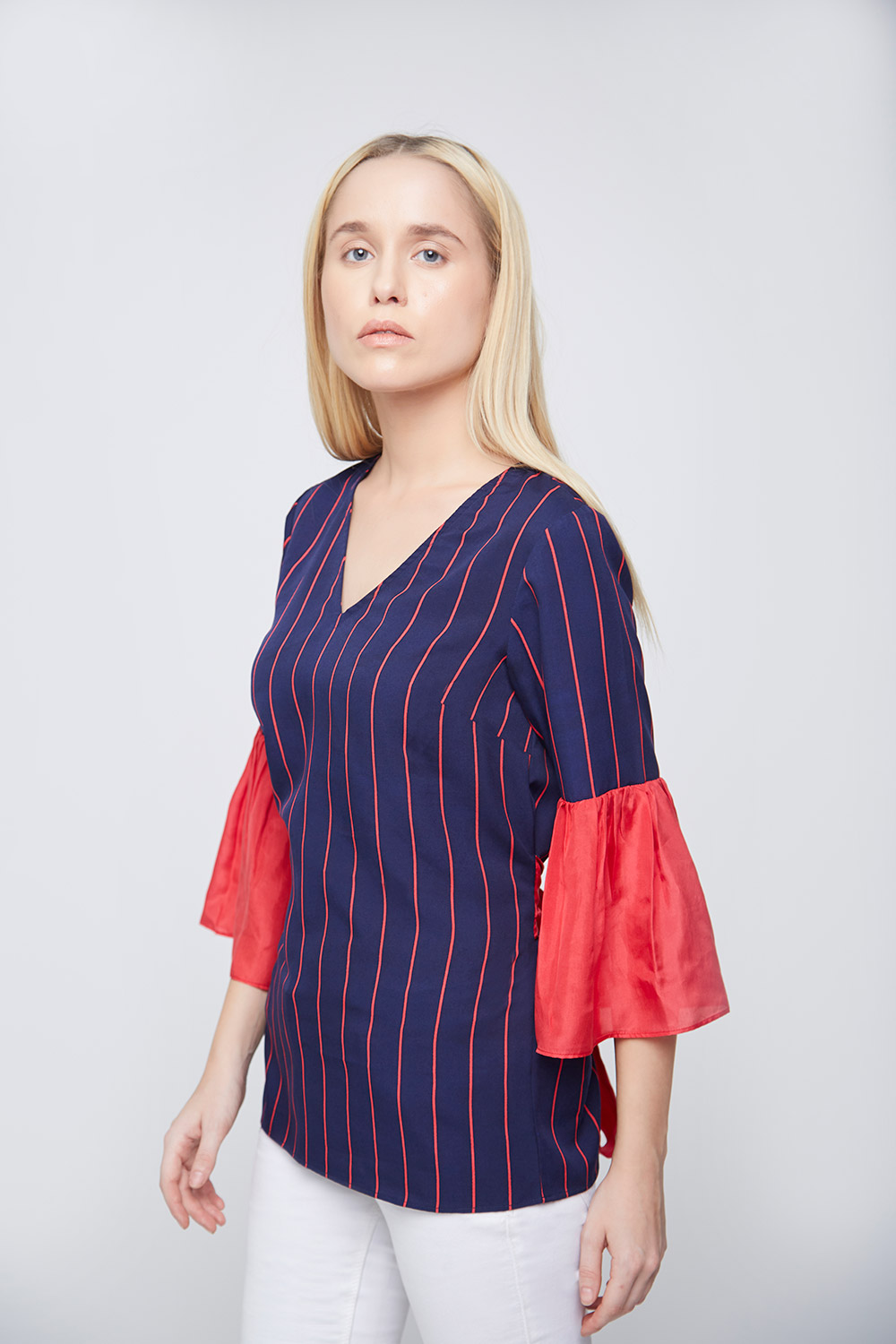 Blue Red Stripes Bell Sleeves Top -0