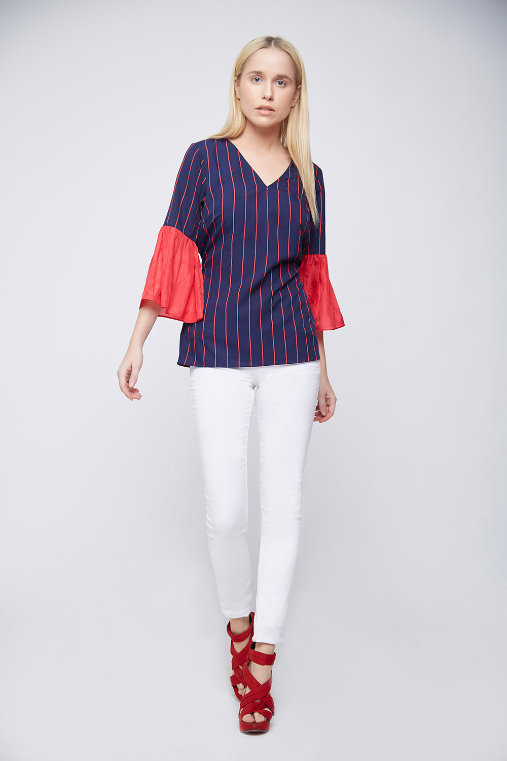 Blue Red Stripes Bell Sleeves Top -2