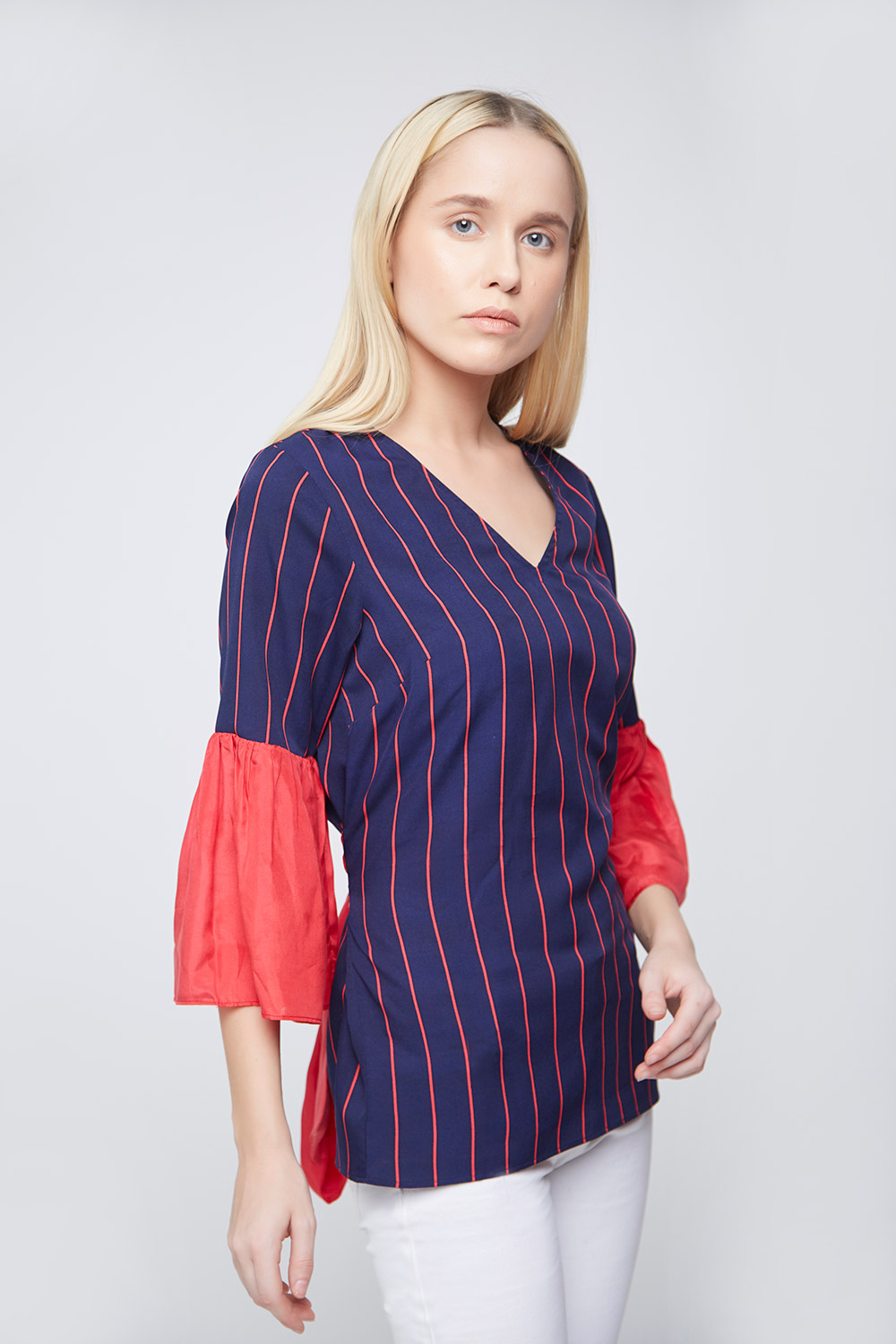 Blue Red Stripes Bell Sleeves Top -3