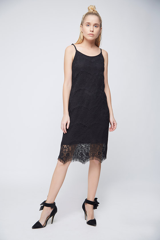 Black Lace Scalloped Dress - Front