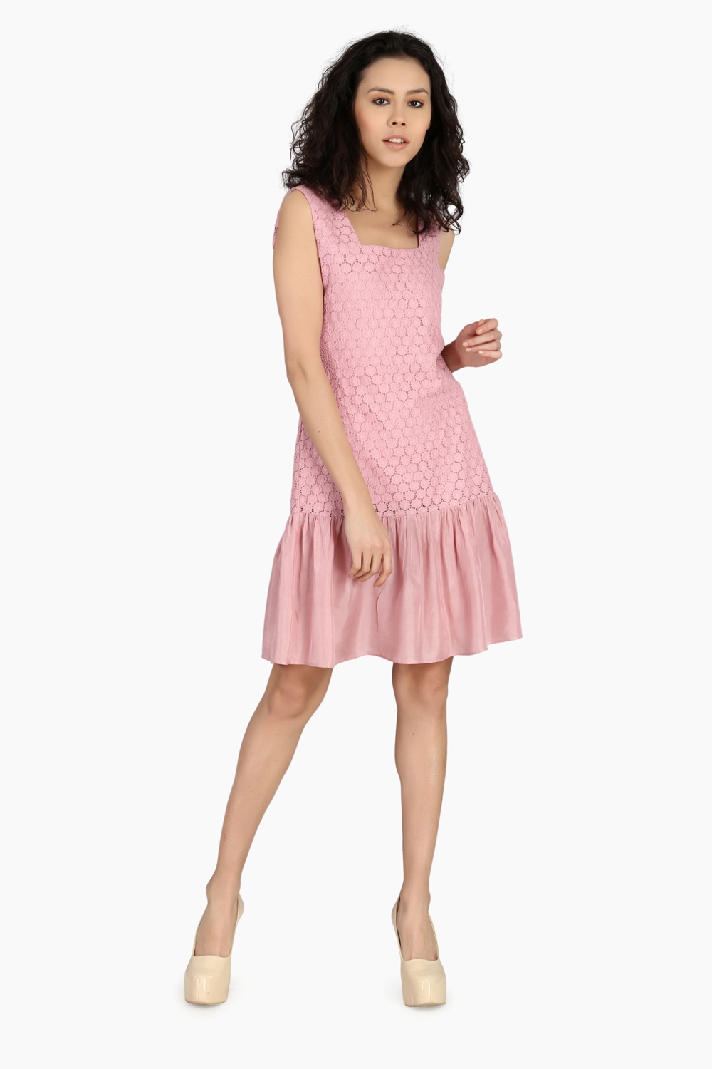 Pink Silk Gathered Lace Dress -0