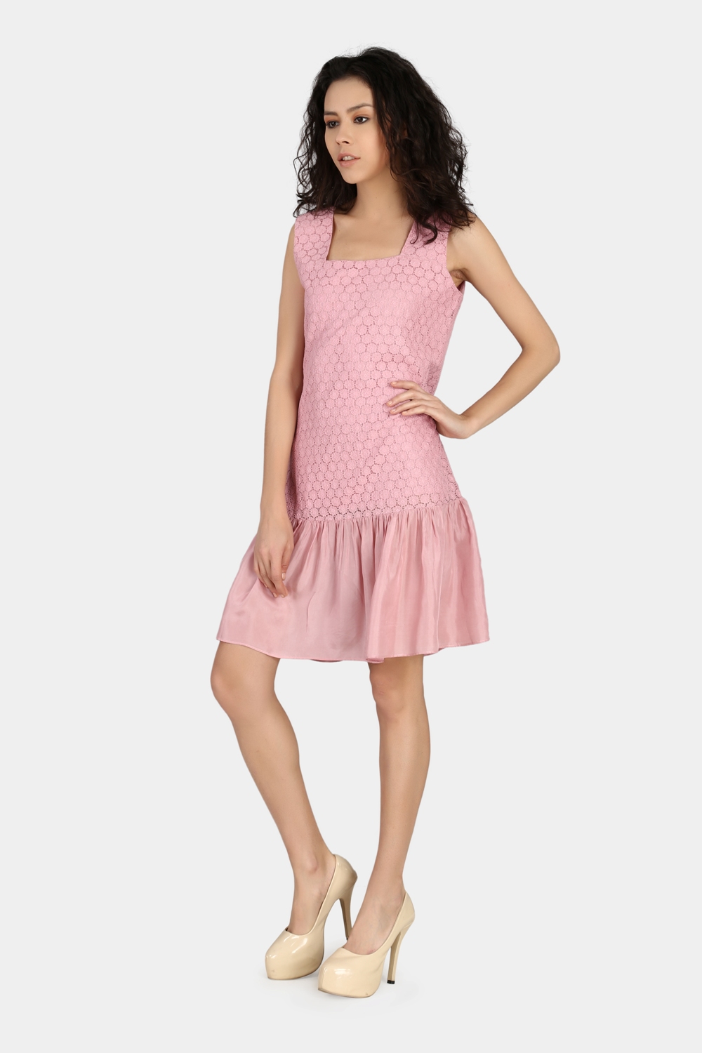 Pink Silk Gathered Lace Dress -3
