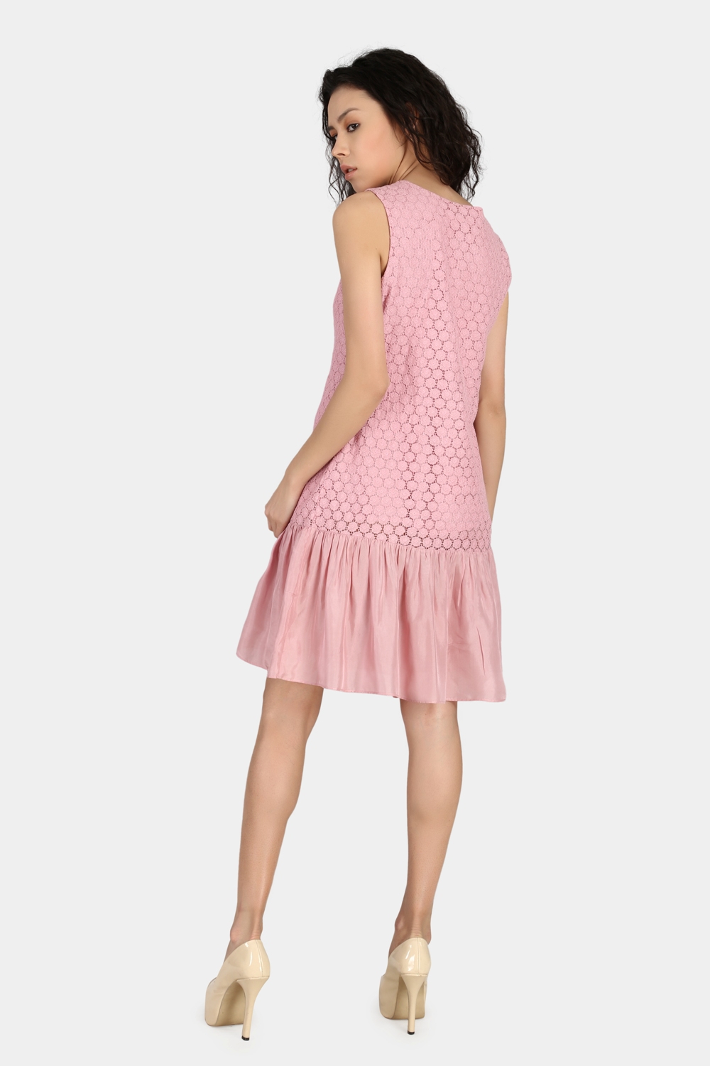 Pink Silk Gathered Lace Dress -1