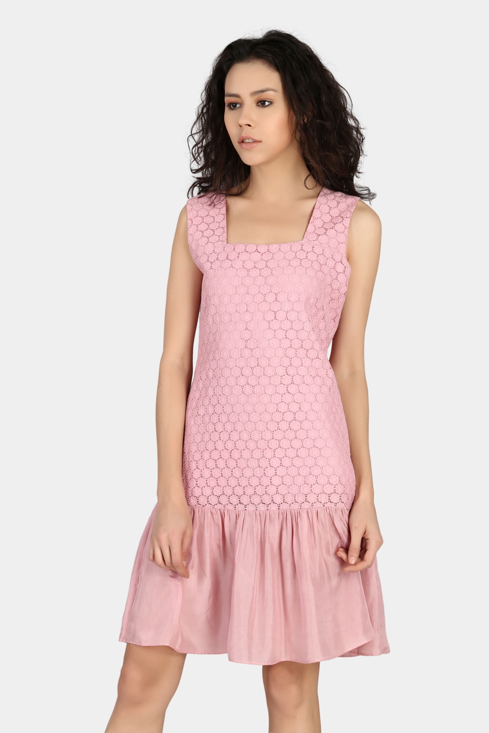 Pink Silk Gathered Lace Dress - Front