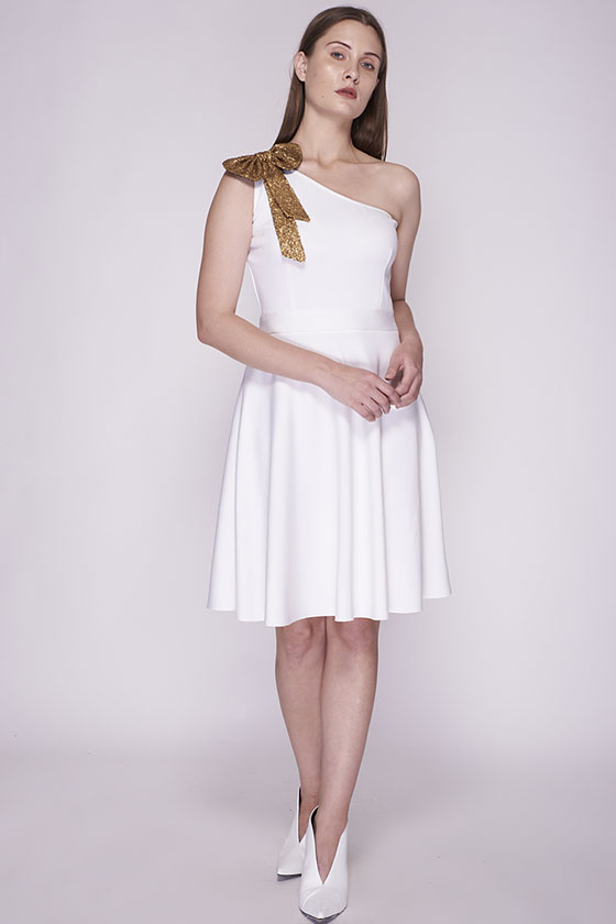 White With Golden Bow Party Dress - Back