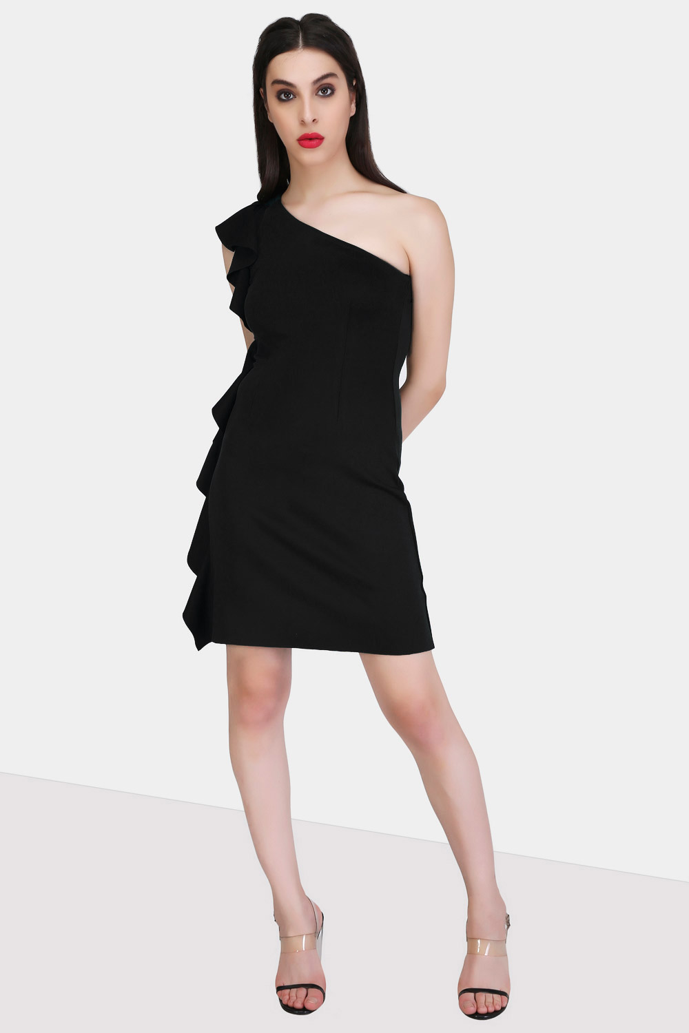 Black Bodycon Ruffle Dress -0