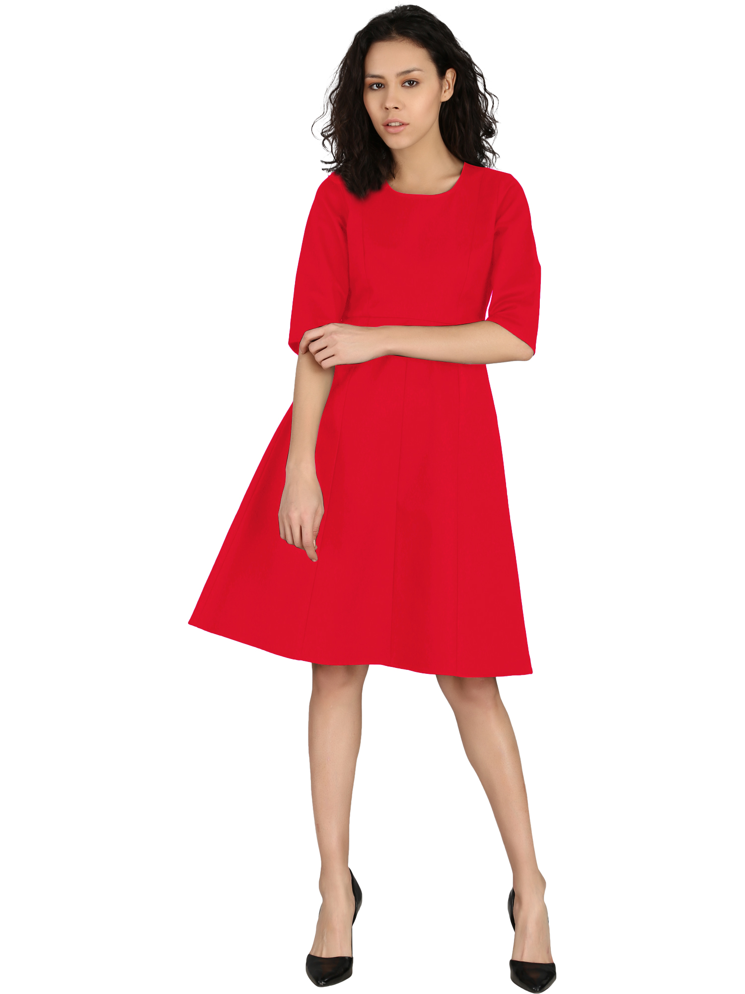 Fitted Sleeve Sheath Work Wear Dress Red - Front