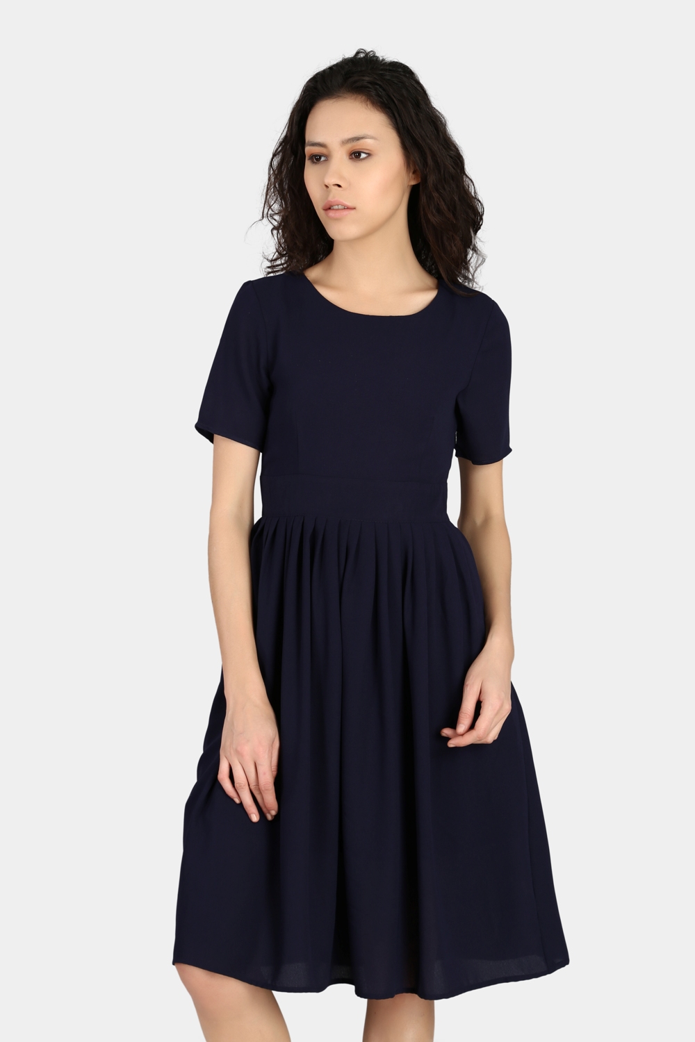Navy Blue Gathered Sheath Casual - Front