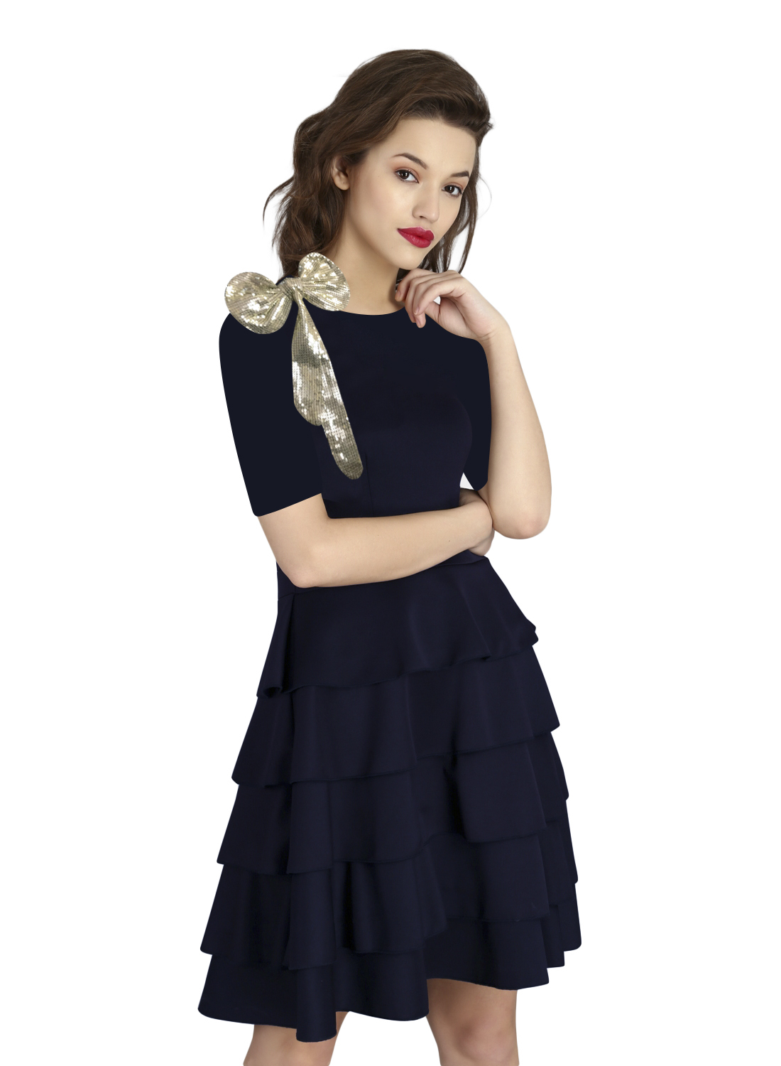 Blue With Half Sleeve Layered Bow Dress - Front