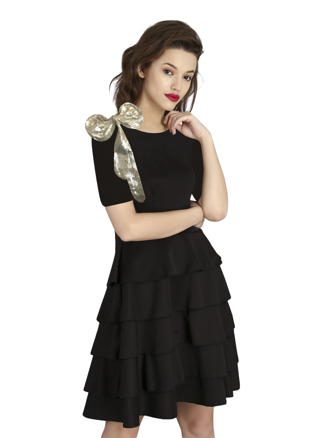 Black Half Sleeve Layered Bow Dress - Front