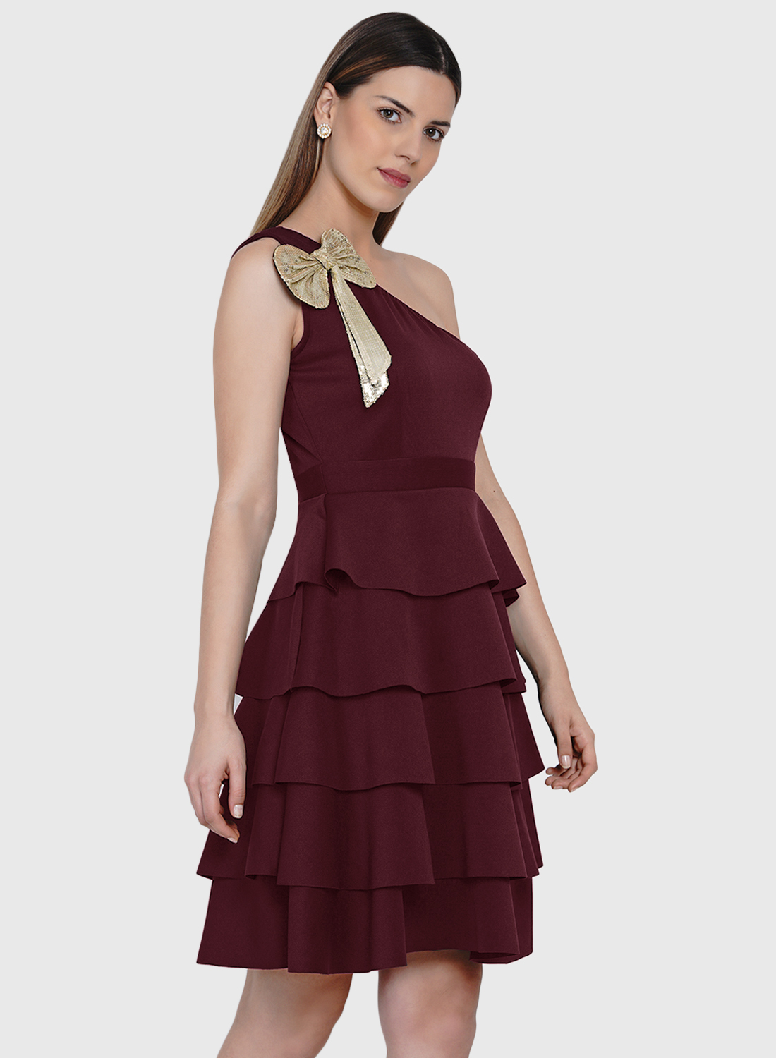 Layered Bow Dress Wine -1