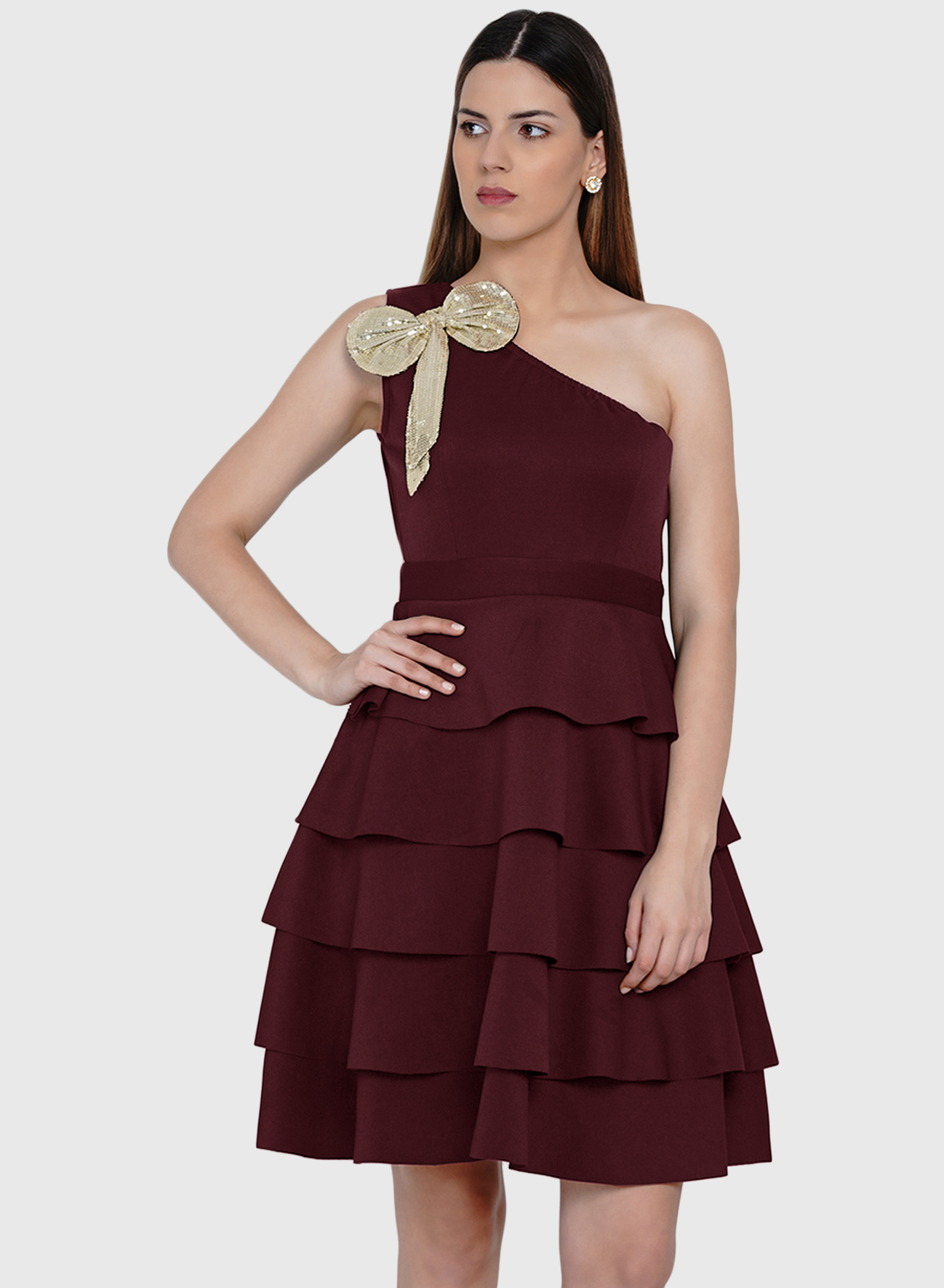 Layered Bow Dress Wine - Front