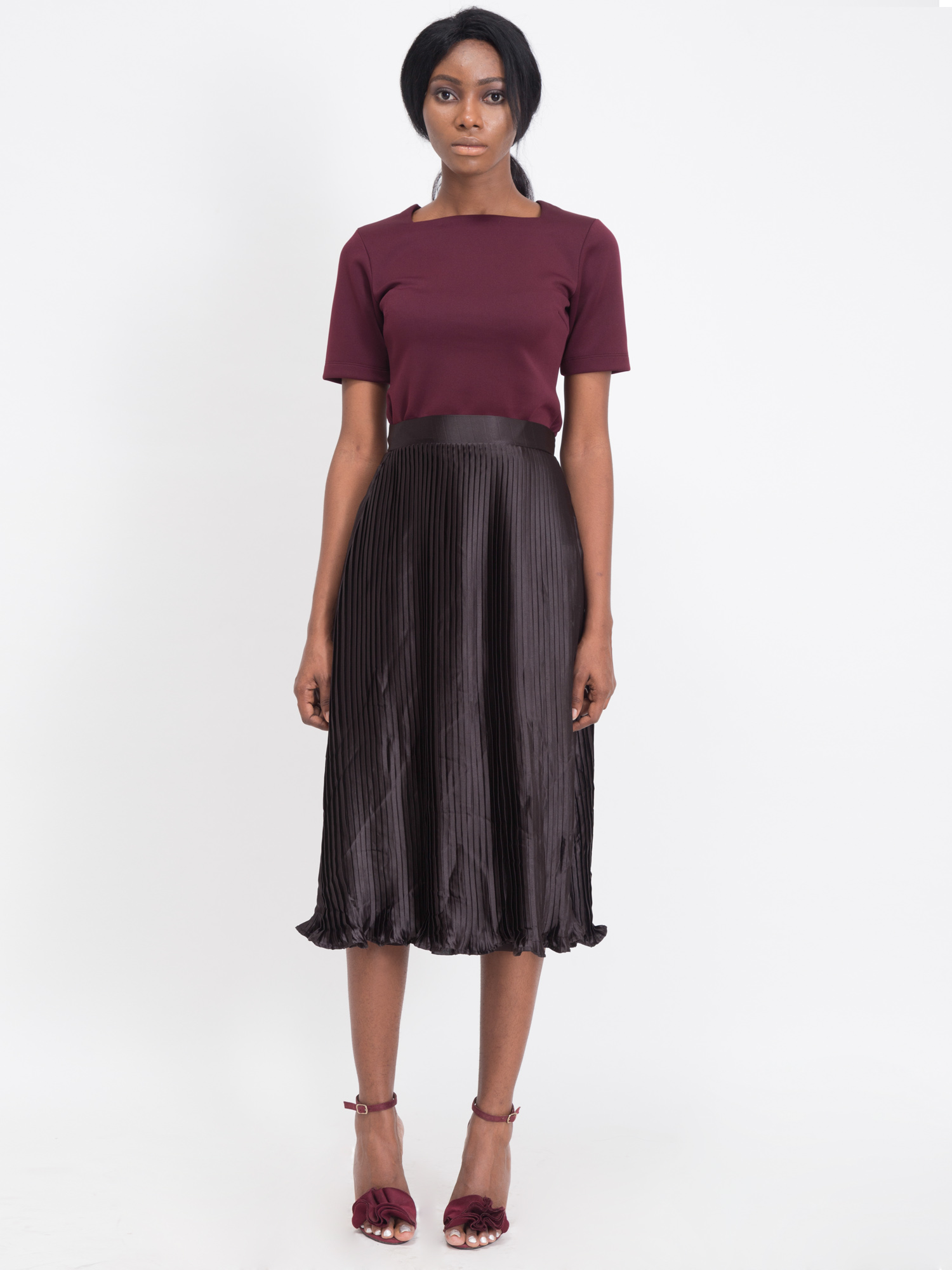 Pleated Satin Skirt Black - Front