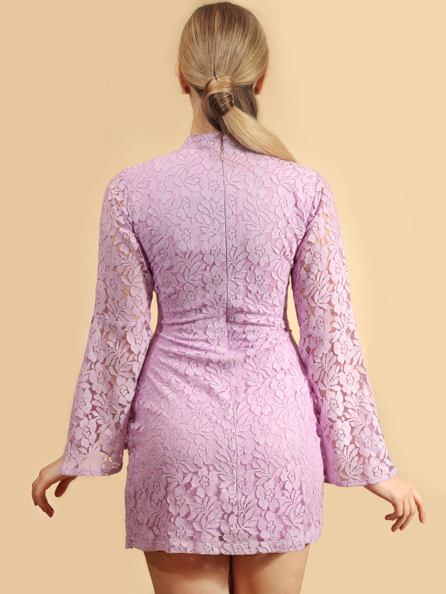 Lavender Fitted Dress with Bell Sleeves - Back