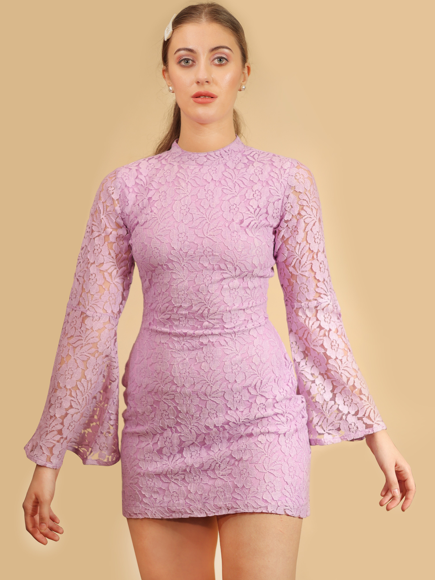 Lavender Fitted Dress with Bell Sleeves - Front