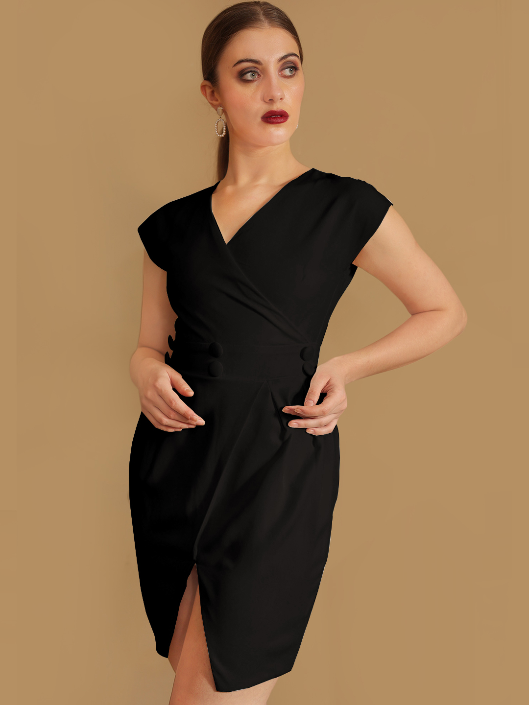 Black Straight Dress with slit hemline - Front