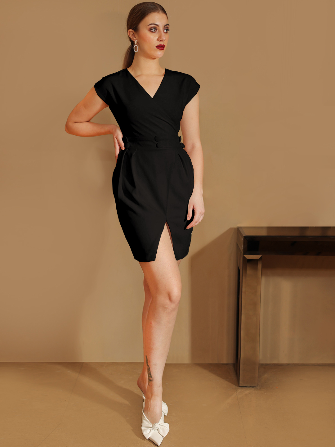 Black Straight Dress with slit hemline -0