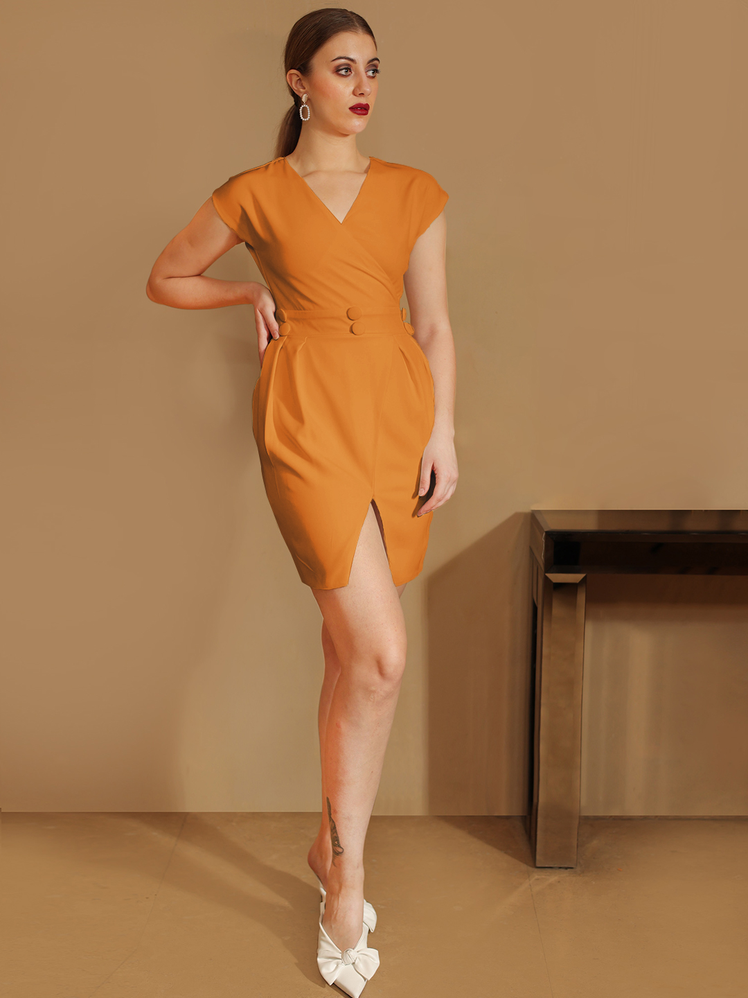 Tan Straight Dress With Slit Hemline -2