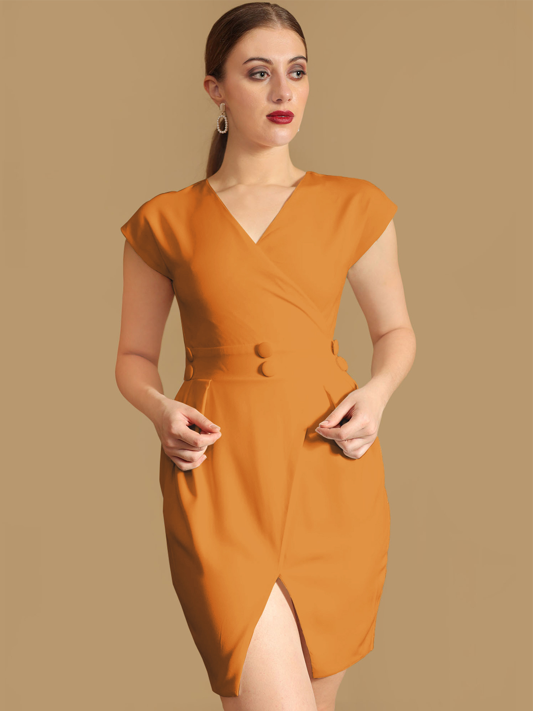 Tan Straight Dress With Slit Hemline -3