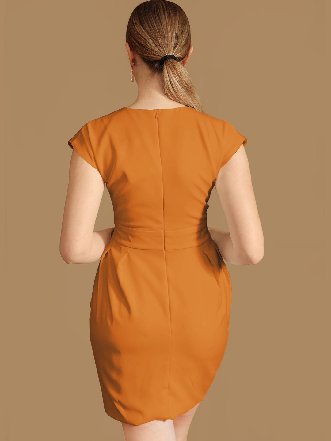 Tan Straight Dress With Slit Hemline -4