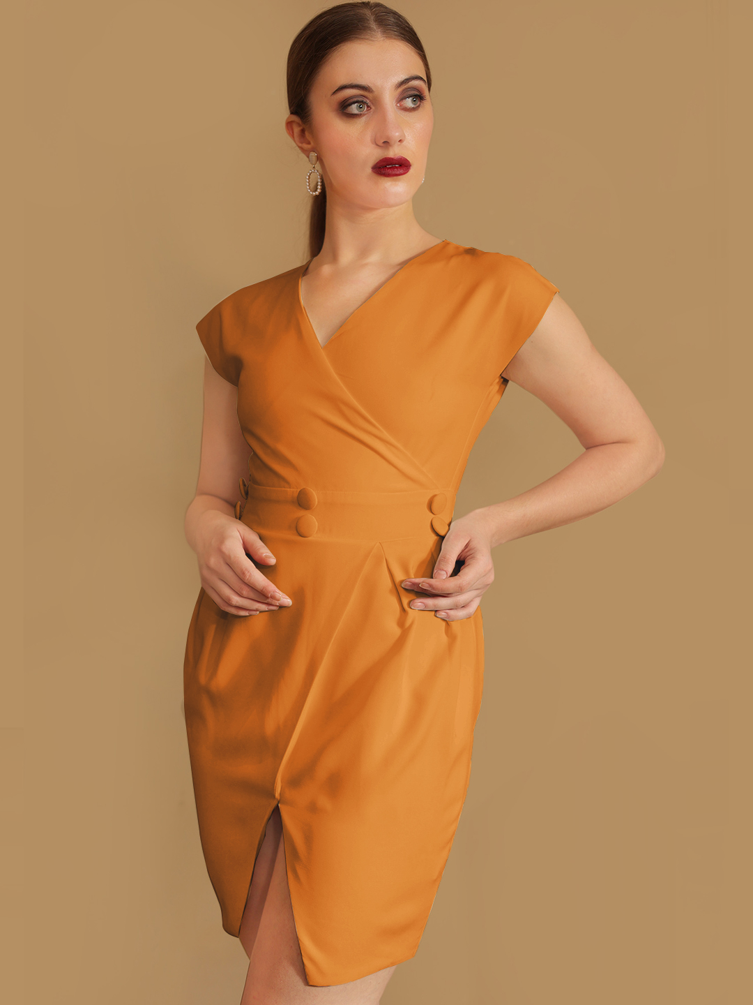 Tan Straight Dress With Slit Hemline -1