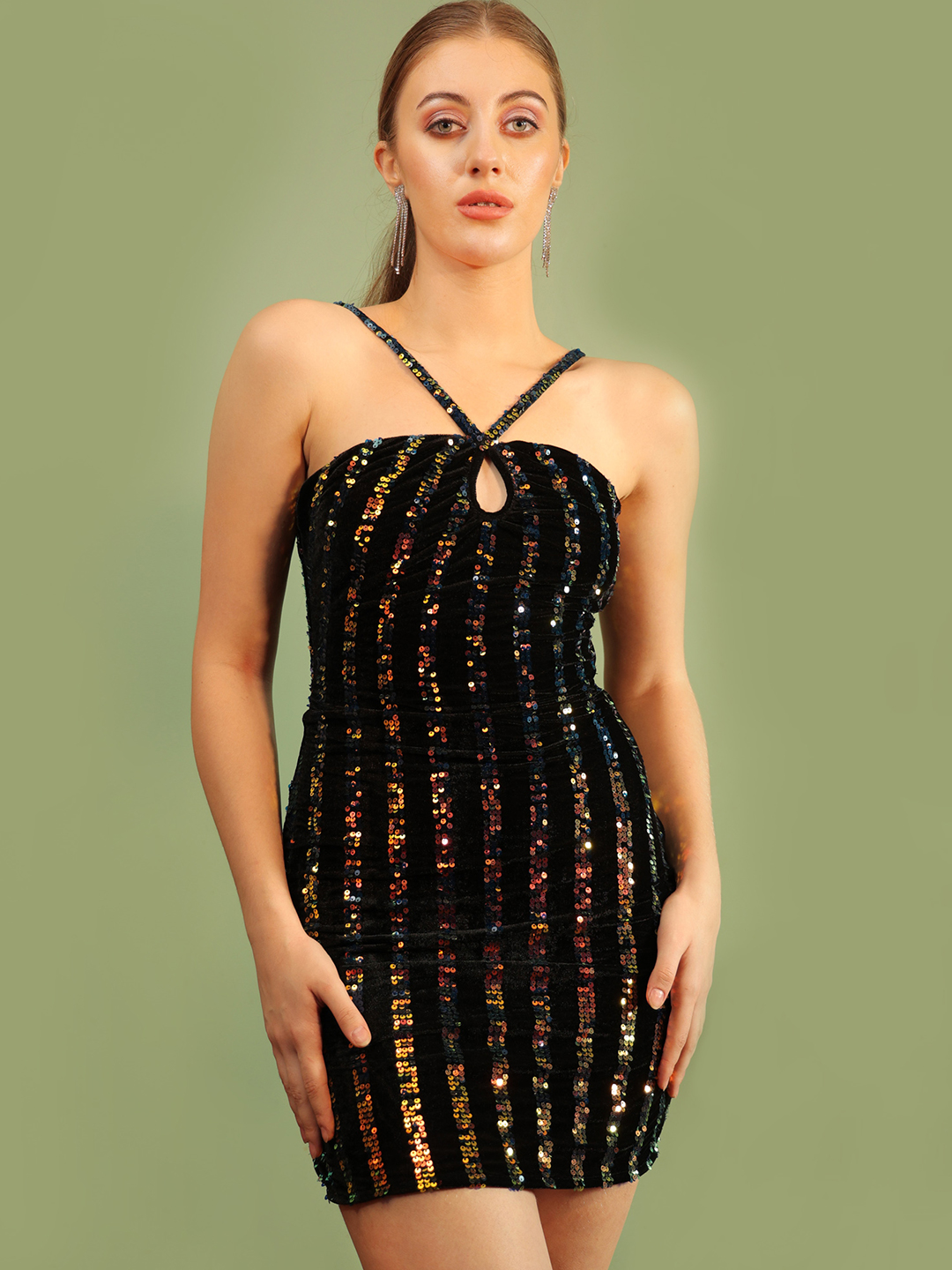Velvet With Sequin Bodycon Dress - Front