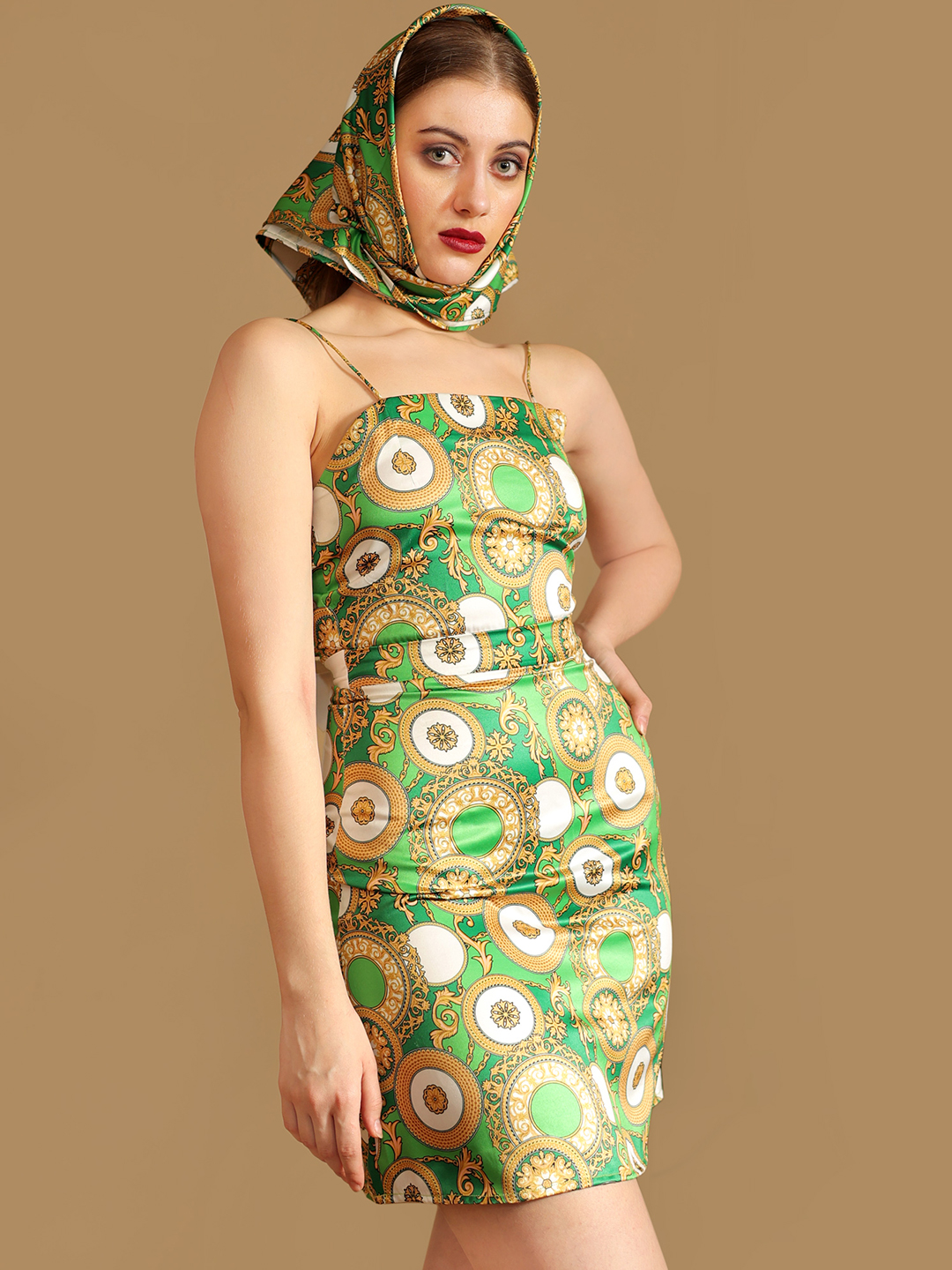 Bow Printed Dress with Scarf - Front