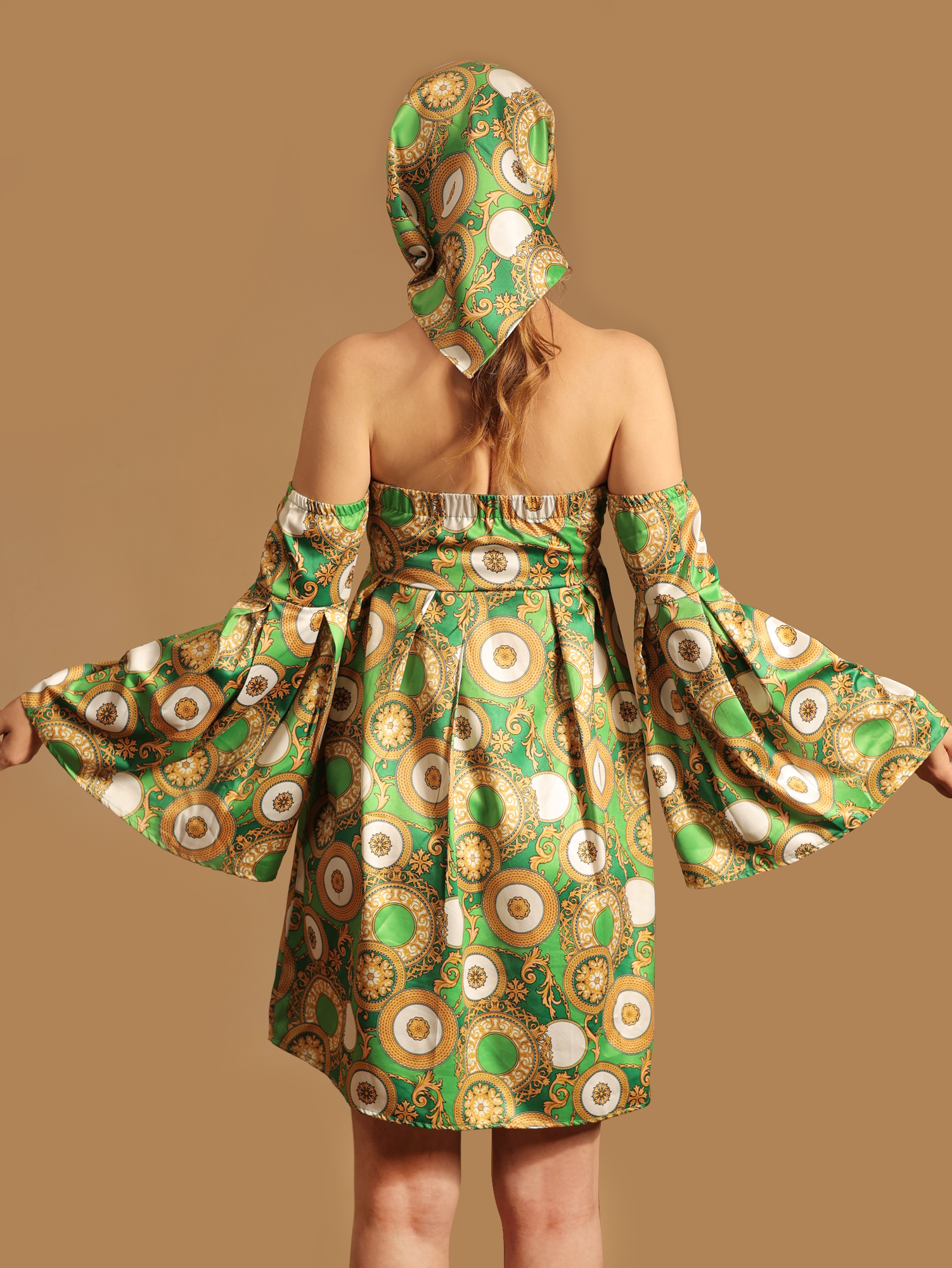 Off-shoulder Printed Dress with Scarf - Back